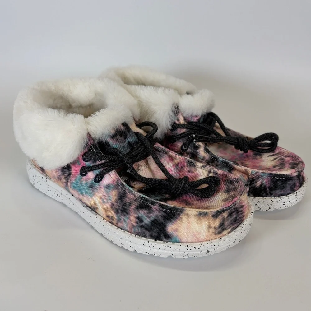 Hey Dude Britt Youth Y3 - L4 EU 35 Navy Pink Tie‎ Dye Boho Boot Faux Fur